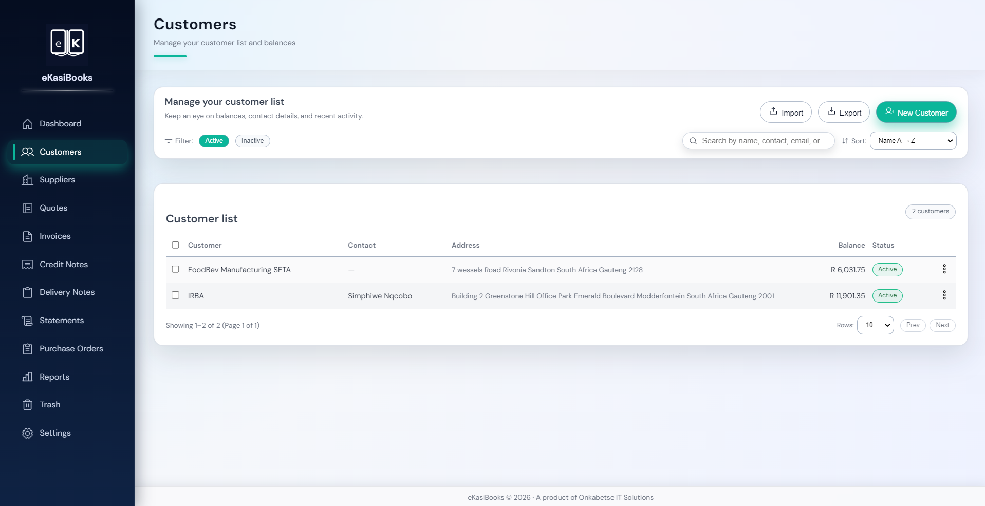 Customer list and contact records in eKasiBooks
