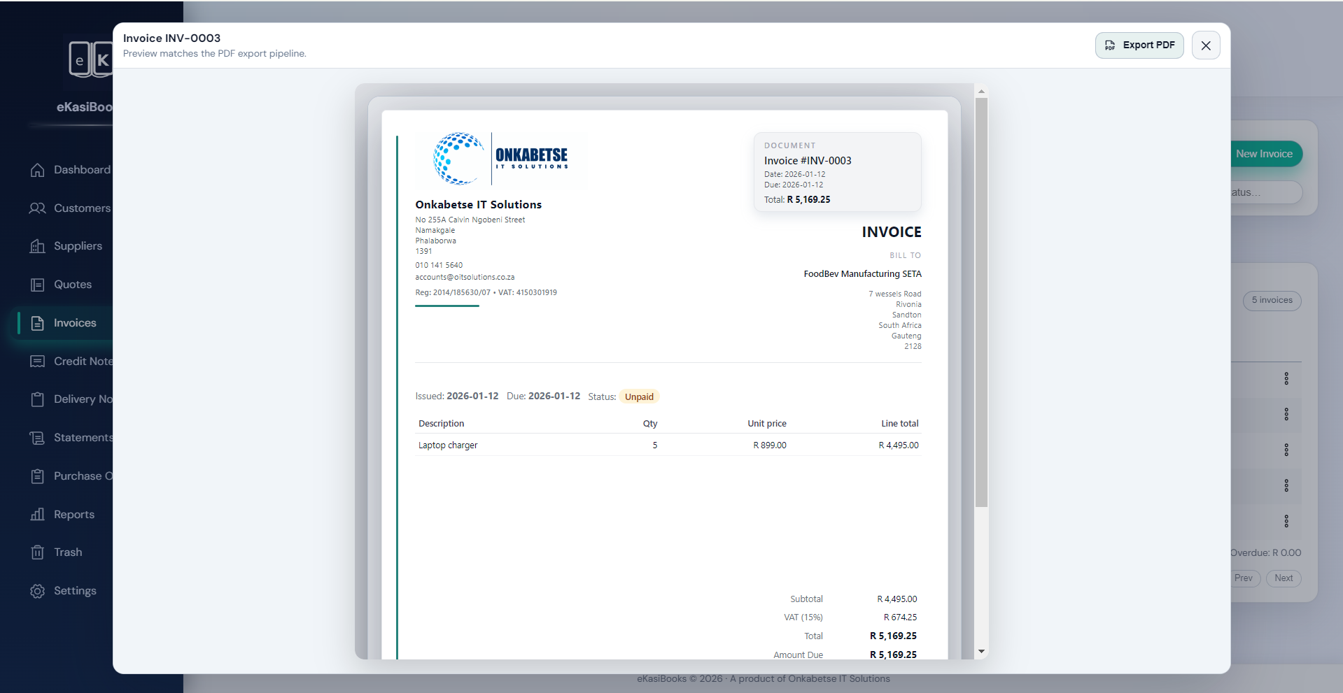 Invoice PDF preview generated by eKasiBooks