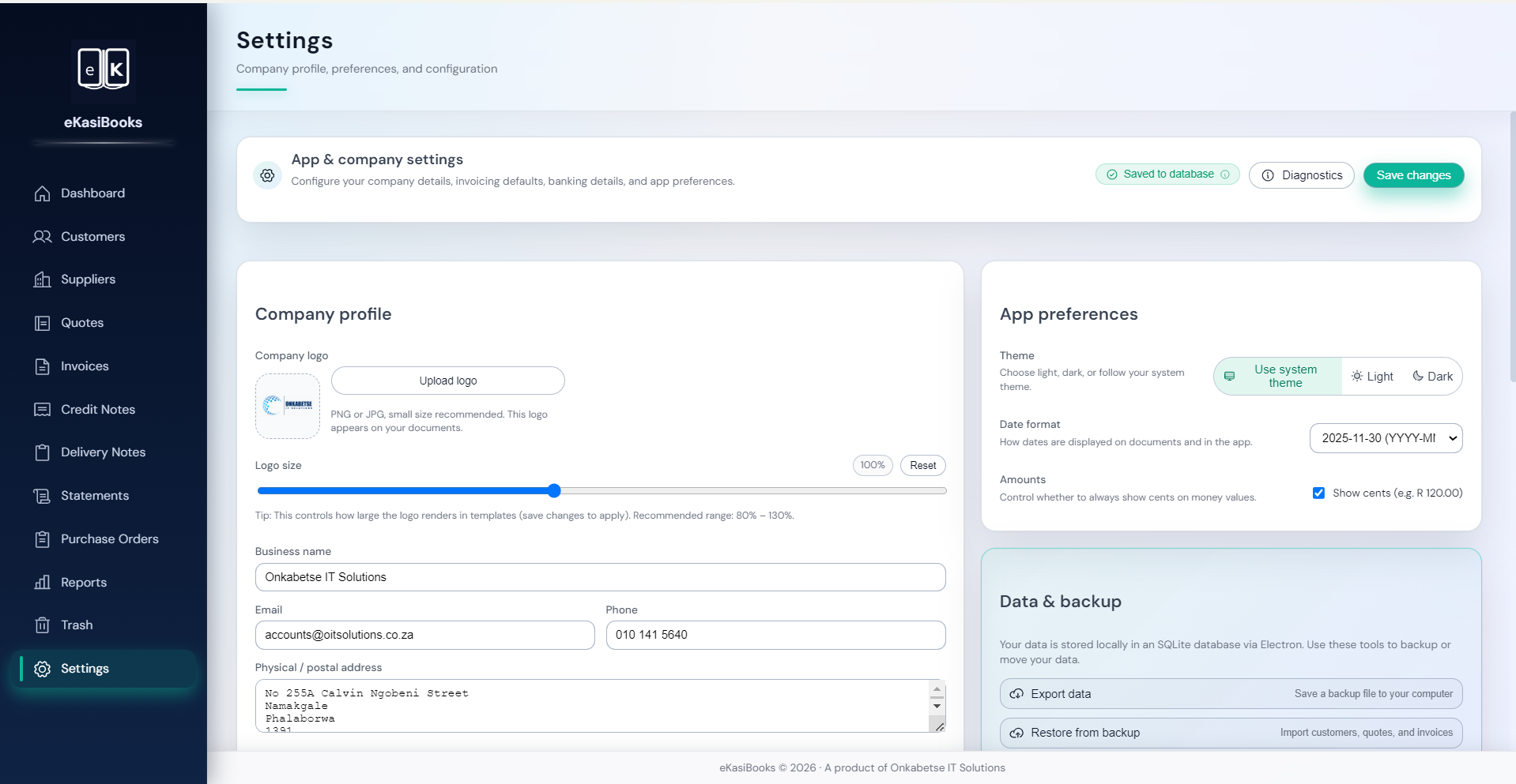 Settings and preferences screen in eKasiBooks
